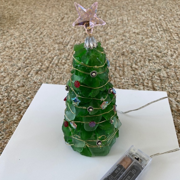 Sea Glass Christmas lighted tree. Handmade with seagrass found on Mexico beach. - Picture 1 of 5